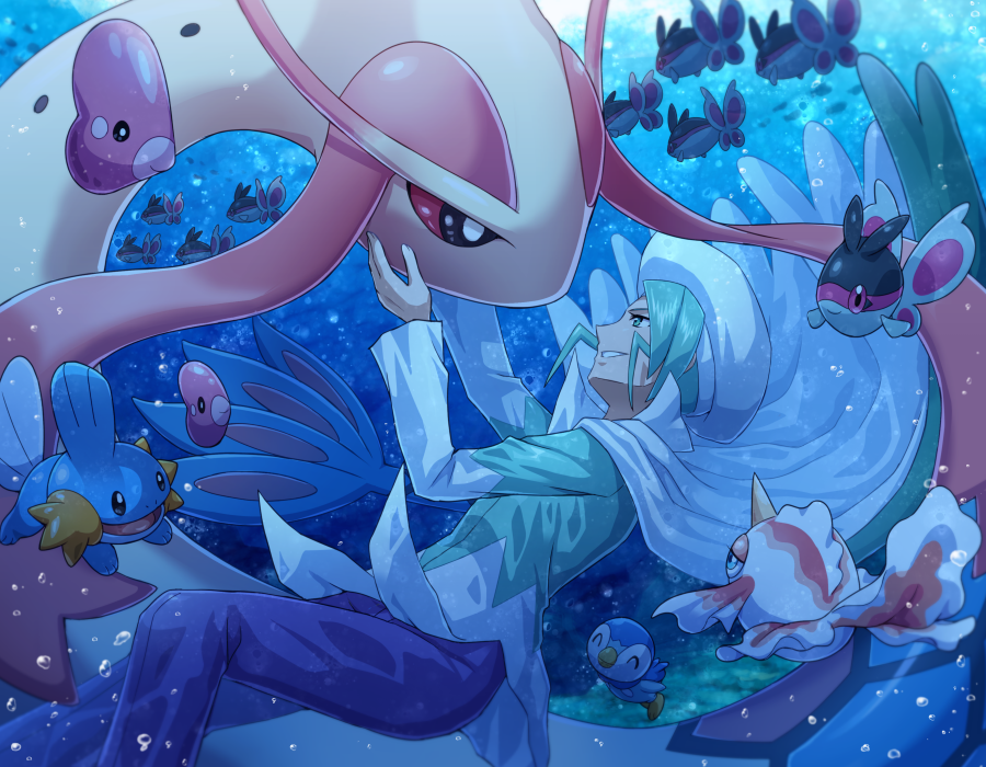 1boy aqua_eyes aqua_hair bubble cape eye_contact finneon gen_1_pokemon gen_3_pokemon gen_4_pokemon goldeen hand_on_another's_cheek hand_on_another's_face hat looking_at_another luvdisc mikuri_(pokemon) milotic mudkip pants parted_lips piplup pokemoa pokemon pokemon_(creature) pokemon_(game) pokemon_emerald pokemon_rse purple_pants shiny shiny_hair short_hair smile starter_pokemon teeth underwater white_cape white_headwear