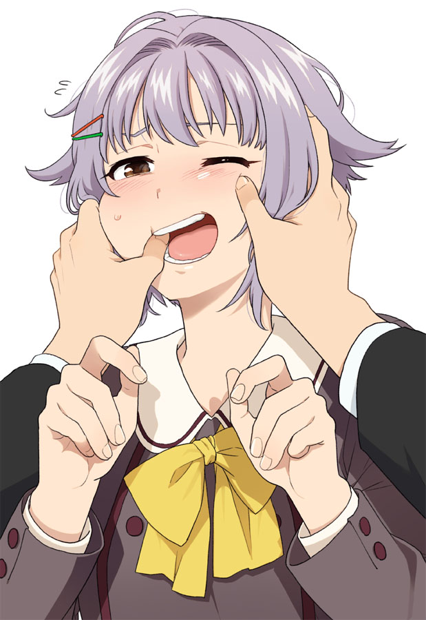 1boy 1girl blush bow brown_eyes collared_shirt finger_in_another's_mouth flipped_hair flying_sweatdrops grey_shirt hair_ornament hairclip half-closed_eye idolmaster idolmaster_cinderella_girls koshimizu_sachiko long_sleeves looking_at_viewer mattaku_mousuke one_eye_closed open_mouth out_of_frame purple_hair shirt simple_background solo_focus upper_teeth white_background yellow_bow