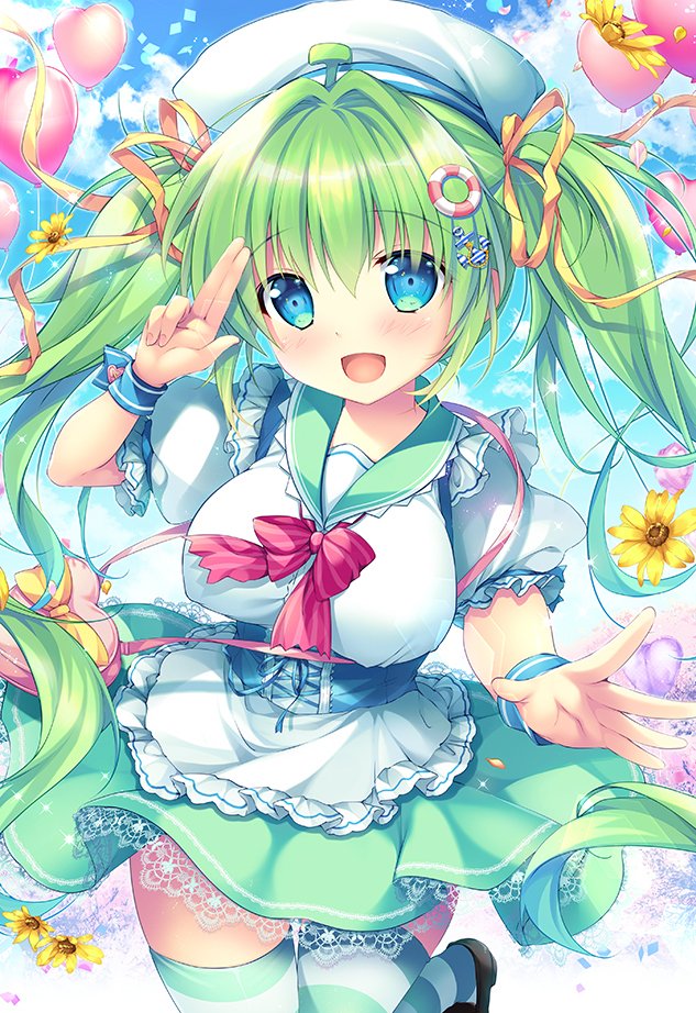 1girl :d anchor_hair_ornament apron bag balloon bangs blue_eyes blue_sky blush bow breasts clouds commentary_request corset day eyebrows_visible_through_hair finger_to_face fingernails flower frilled_apron frilled_skirt frills green_hair green_legwear green_skirt hair_ornament hair_ribbon handbag hat long_hair looking_at_viewer melon-chan mikeou open_mouth outdoors puffy_short_sleeves puffy_sleeves ribbon sailor_collar sailor_hat salute shirt shoes short_sleeves skirt sky smile solo standing standing_on_one_leg striped striped_legwear thigh-highs twintails two-finger_salute waist_apron wristband yellow_flower