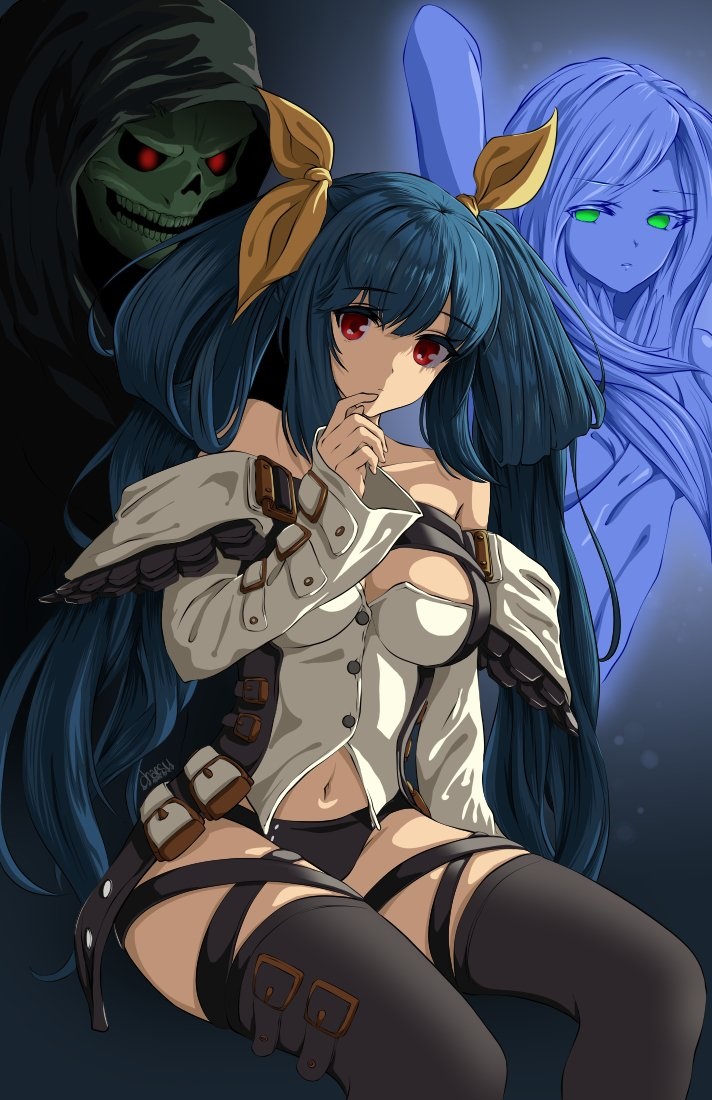 1girl artist_name black_legwear black_panties blue_hair breasts chaesu choker collarbone detached_sleeves dizzy_(guilty_gear) eyebrows_visible_through_hair green_eyes guilty_gear guilty_gear_xrd hair_ribbon large_breasts long_hair md5_mismatch midriff monster_girl navel necro_(guilty_gear) panties red_eyes ribbon solo thick_thighs thigh-highs thigh_strap thighs underwear undine_(guilty_gear) yellow_ribbon