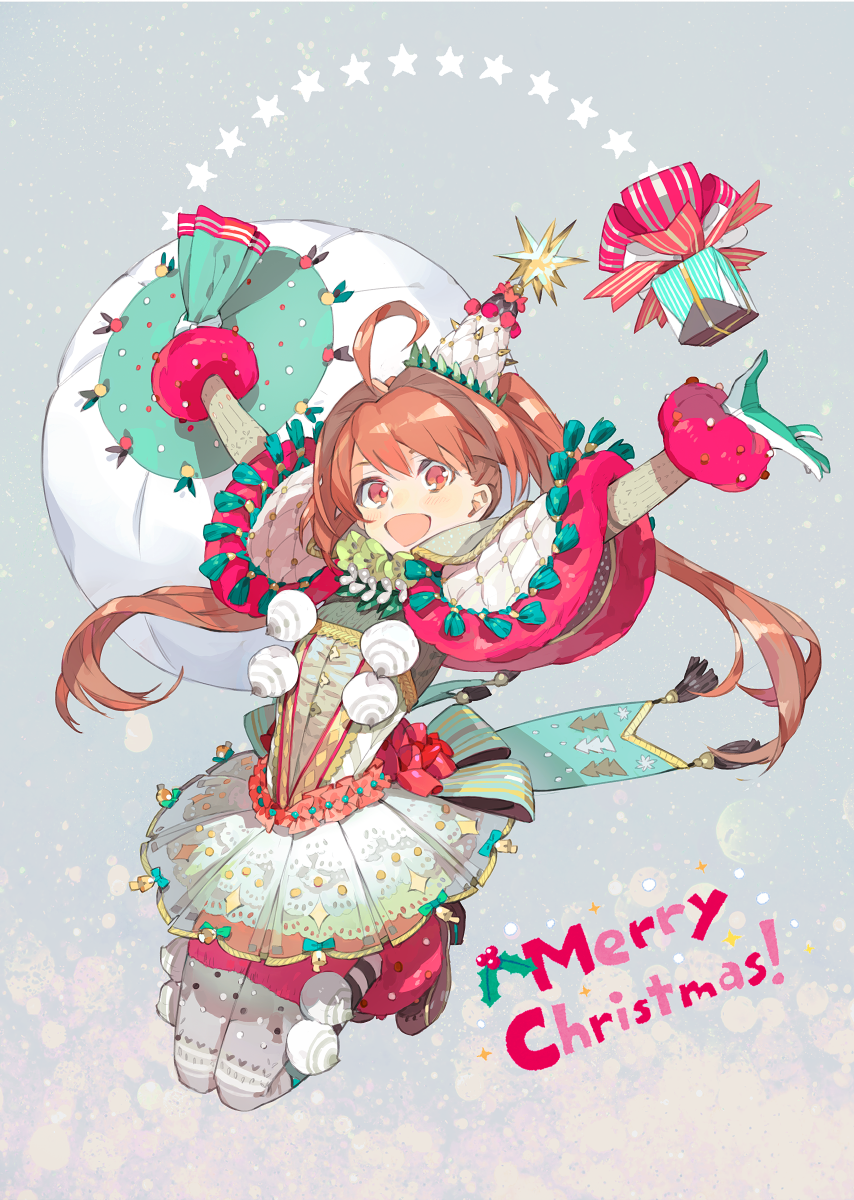 1girl :d \o/ ahoge alternate_costume arms_up bell bow brown_hair christmas eiyuu_densetsu estelle_bright fur_trim gift gloves hair_intakes hat highres holding jumping long_hair looking_at_viewer merry_christmas nishihara_isao open_mouth outstretched_arms red_eyes ribbon sack see-through smile solo sora_no_kiseki tassel twintails