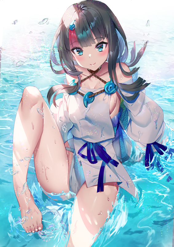 1girl bangs bare_shoulders barefoot black_hair blue_eyes blue_ribbon blush breasts closed_mouth collarbone dress fate/grand_order fate/requiem fate_(series) feet fundoshi japanese_clothes jewelry knee_up large_breasts leaning_back legs long_sleeves looking_at_viewer magatama magatama_hair_ornament medium_hair multicolored_hair necklace pelvic_curtain pink_hair puffy_long_sleeves puffy_sleeves ribbon short_dress sideboob sideless_outfit sitting smile streaked_hair thighs utsumi_erise water wet white_dress yoshimoto_(dear_life)