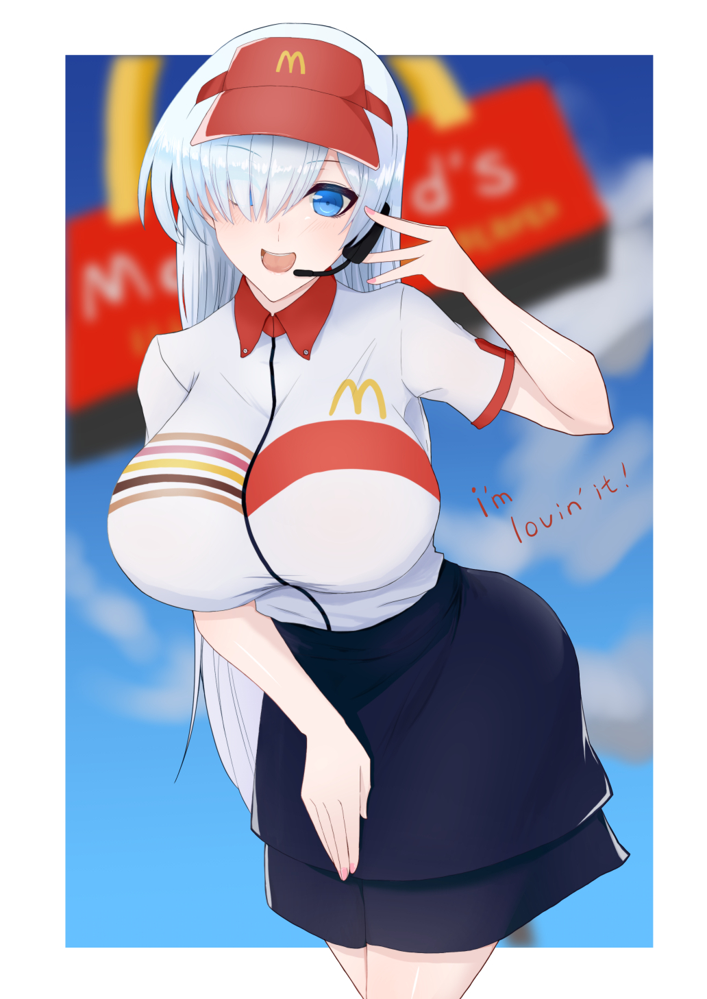 1girl anastasia_(fate/grand_order) bangs black_skirt blue_sky blurry blurry_background blush breasts employee_uniform fate/grand_order fate_(series) hair_over_one_eye headset highres large_breasts long_hair looking_at_viewer mcdonald's open_mouth red_headwear sawatarou_(roto) shirt short_sleeves silver_hair skirt sky smile thighs uniform very_long_hair visor_cap white_shirt