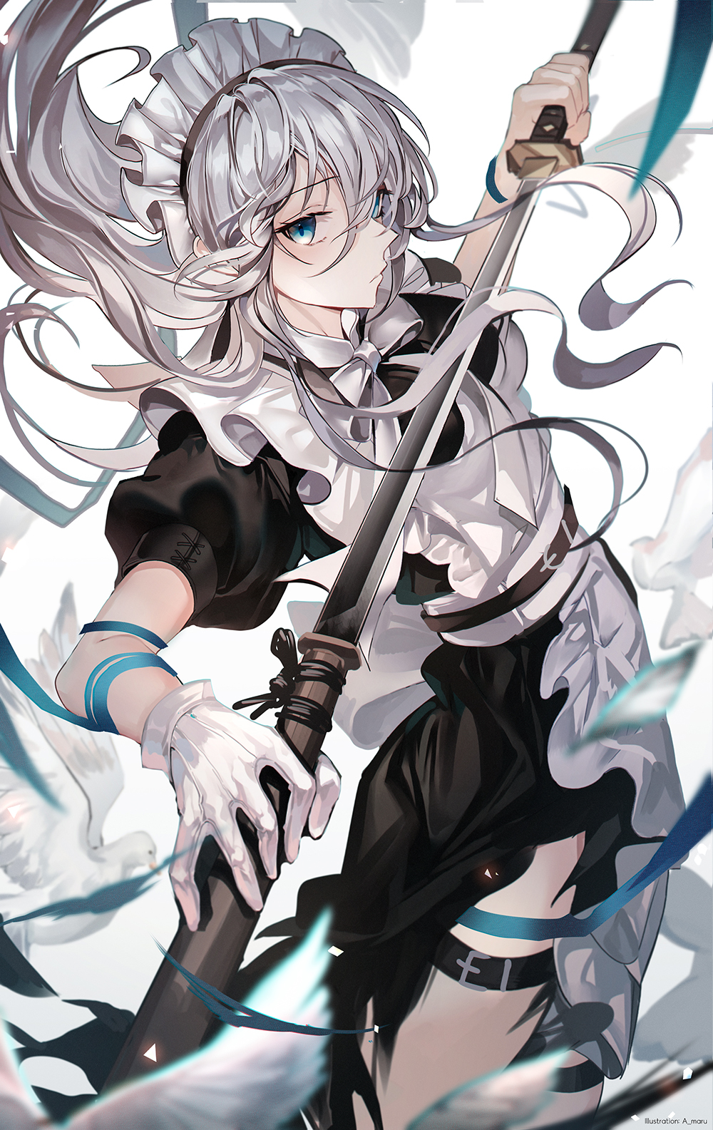 1girl apron bangs belt bird black_dress blue_eyes bow dress frilled_apron frills garter_belt gloves hair_between_eyes highres holding holding_sword holding_weapon katana long_hair maid maid_headdress original pinafore_dress puffy_short_sleeves puffy_sleeves short_sleeves silver_hair solo sword unity_(ekvmsp02) weapon white_apron white_background white_bird white_gloves