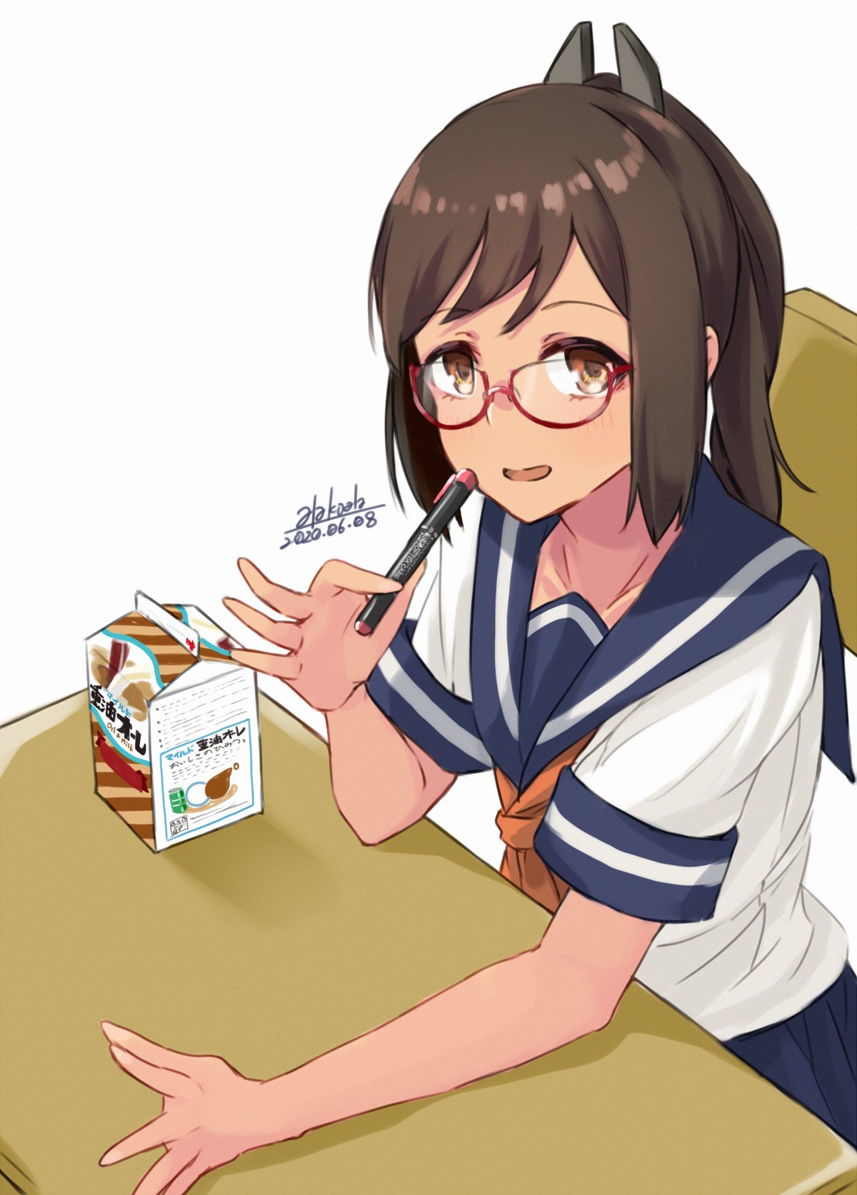 1girl alakoala alternate_costume bespectacled blue_sailor_collar blue_skirt brown_eyes brown_hair chair commentary_request cowboy_shot dated desk glasses hair_ornament hairclip highres i-401_(kantai_collection) juice_box kantai_collection looking_at_viewer pen pleated_skirt ponytail sailor_collar school_desk school_uniform serafuku short_hair signature simple_background sitting skirt solo white_background