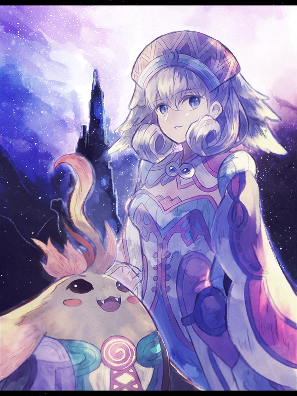 1boy 1girl blush_stickers breasts cape eyebrows_visible_through_hair fang hat head_wings medium_breasts melia night night_sky nopon okii outdoors riki_(xenoblade) silver_hair sky xenoblade_(series) xenoblade_1