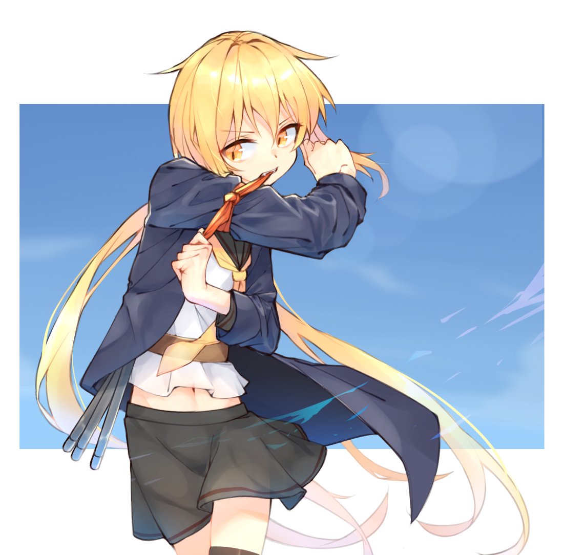 1girl armband black_skirt blonde_hair blue_jacket commentary_request cowboy_shot crescent crescent_moon_pin jacket kantai_collection long_hair low_twintails makkusu_(max_101010) mouth_hold neckerchief remodel_(kantai_collection) satsuki_(kantai_collection) school_uniform serafuku skirt solo twintails tying yellow_neckwear