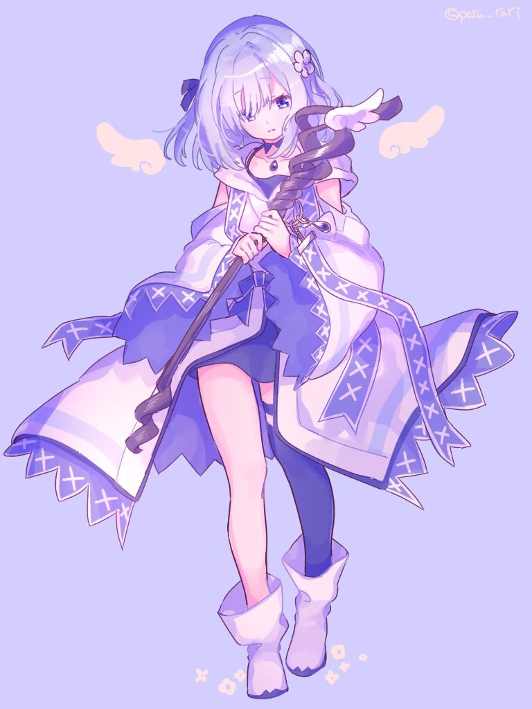 1girl ankle_boots blue_eyes blue_theme boots commentary_request flower flower_ornament hair_flower hair_ornament holding holding_staff isuzu_ren light_blue_hair magia_record:_mahou_shoujo_madoka_magica_gaiden magical_girl mahou_shoujo_madoka_magica paru_rari short_hair single_thighhigh solo staff thigh-highs white_footwear