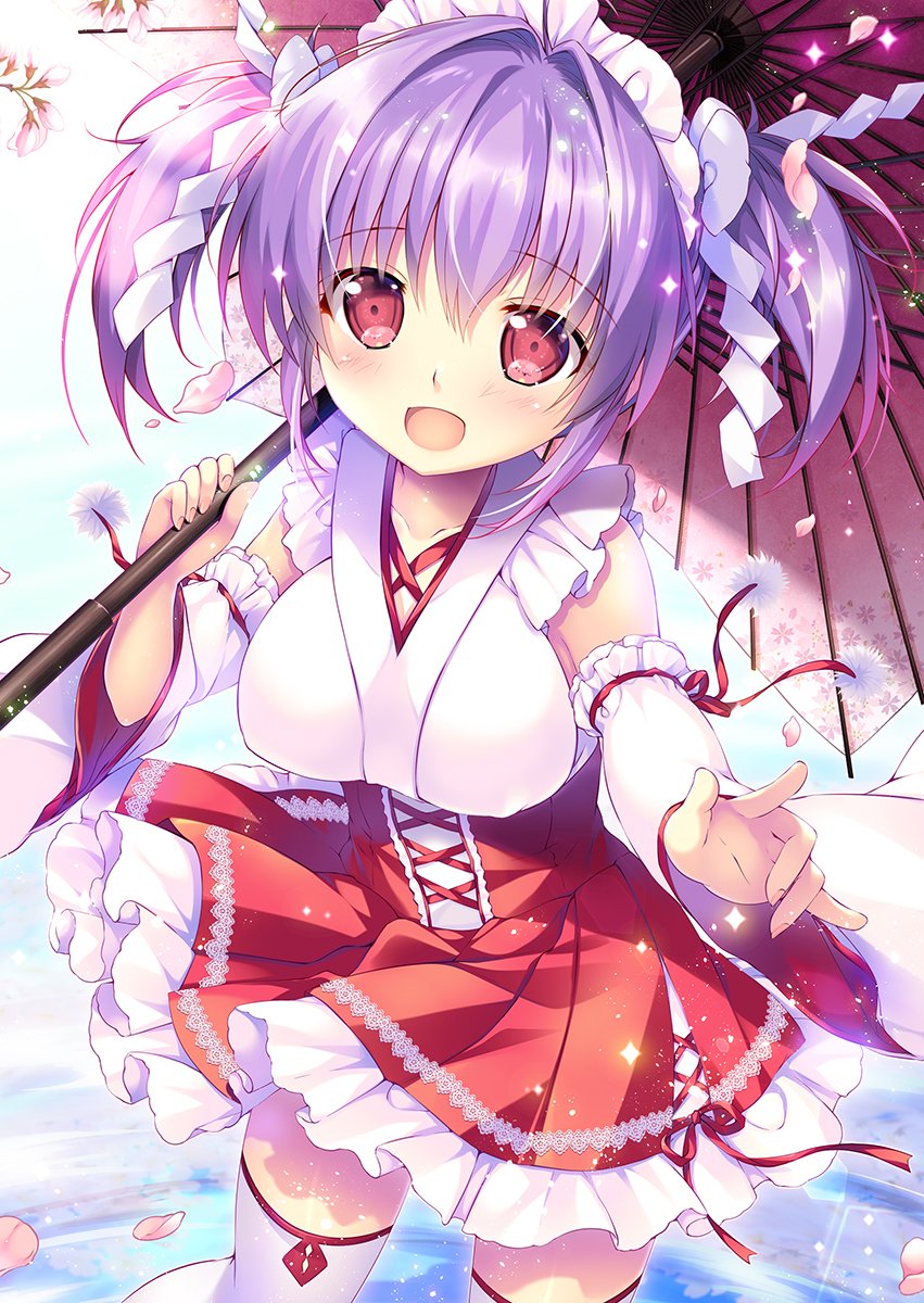 1girl :d bangs bow breasts commentary_request corset covered_nipples detached_sleeves eyebrows_visible_through_hair frilled_skirt frills highres holding japanese_clothes looking_at_viewer maid_headdress mikeou miko open_mouth oriental_umbrella original petals pleated_skirt purple_hair red_skirt skirt smile solo standing thigh-highs twintails umbrella white_legwear wide_sleeves zettai_ryouiki