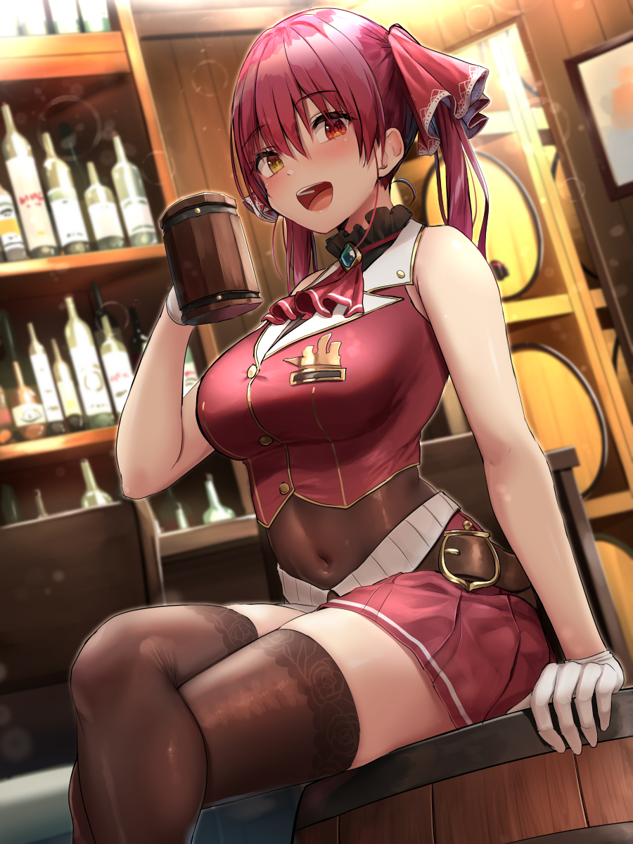 1girl ascot bangs bare_shoulders barrel blush bodystocking breasts brooch covered_navel crossed_legs heterochromia highres hololive houshou_marine jewelry large_breasts long_hair looking_at_viewer oekakizuki open_mouth red_skirt sitting skirt smile thighs virtual_youtuber