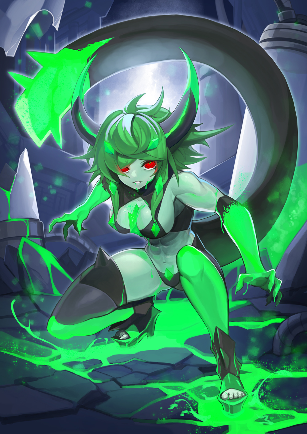 1girl abs baniran_dorosu commentary_request fingernails green_hair green_skin highres horns monster_energy navel original parted_lips personification red_eyes revealing_clothes rubble sharp_fingernails short_hair squatting tail thigh-highs