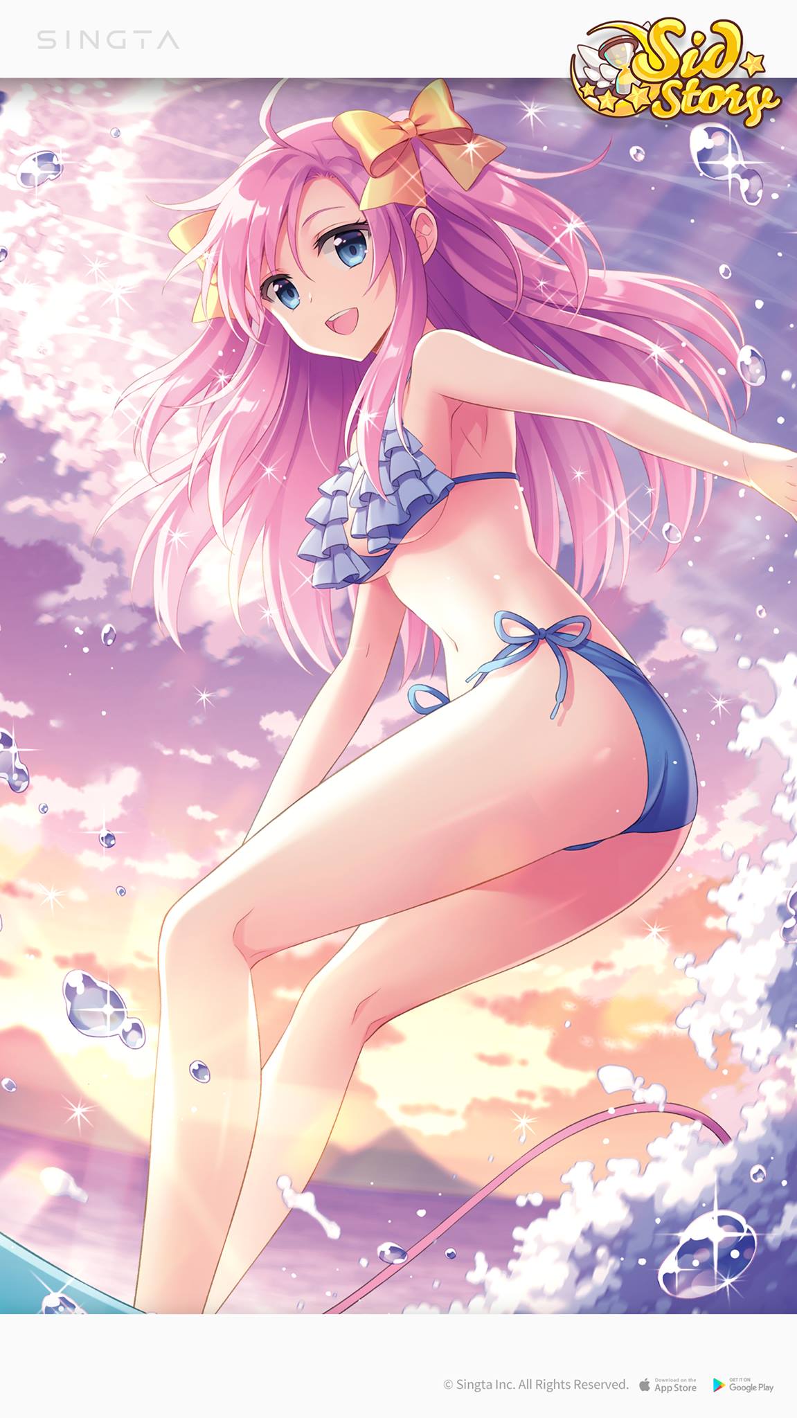 1girl :d ahoge an2a ass bangs barefoot bikini blue_bikini blue_eyes blurry breasts chris_(sid_story) clouds cloudy_sky copyright_name hair_ornament highres long_hair looking_at_viewer md5_mismatch medium_breasts mountain ocean official_art open_mouth outdoors pink_hair resolution_mismatch shiny shiny_skin sid_story sidelocks sky smile solo source_larger string_bikini sunset surfboard surfing swimsuit thighs twintails water waves