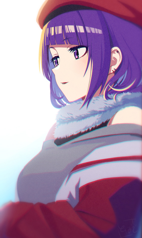 1girl bangs bare_shoulders beret blue_background diagonal_bangs earrings eyebrows_visible_through_hair gradient gradient_background grey_shirt hat idolmaster idolmaster_shiny_colors jacket jewelry looking_away off-shoulder_shirt off_shoulder parted_lips purple_hair red_headwear shirt signature solo tanaka_mamimi tobade_(tbdfactory) upper_body violet_eyes white_background white_jacket