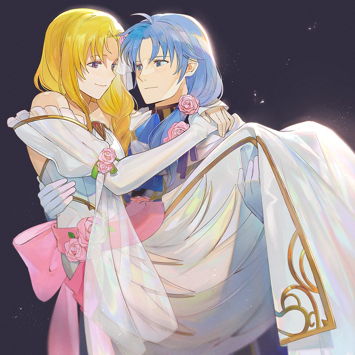 1boy 1girl blonde_hair blue_eyes braid bridal_gauntlets bridal_veil bride carrying collarbone couple dress elbow_gloves feather_trim fire_emblem fire_emblem_heroes flower gloves groom hair_flower hair_ornament hetero highres hug husband_and_wife kyufe long_hair long_sleeves looking_at_another louise_(fire_emblem) pent_(fire_emblem) princess_carry side_braid silver_hair simple_background single_braid smile strapless strapless_dress veil violet_eyes wedding_dress white_dress