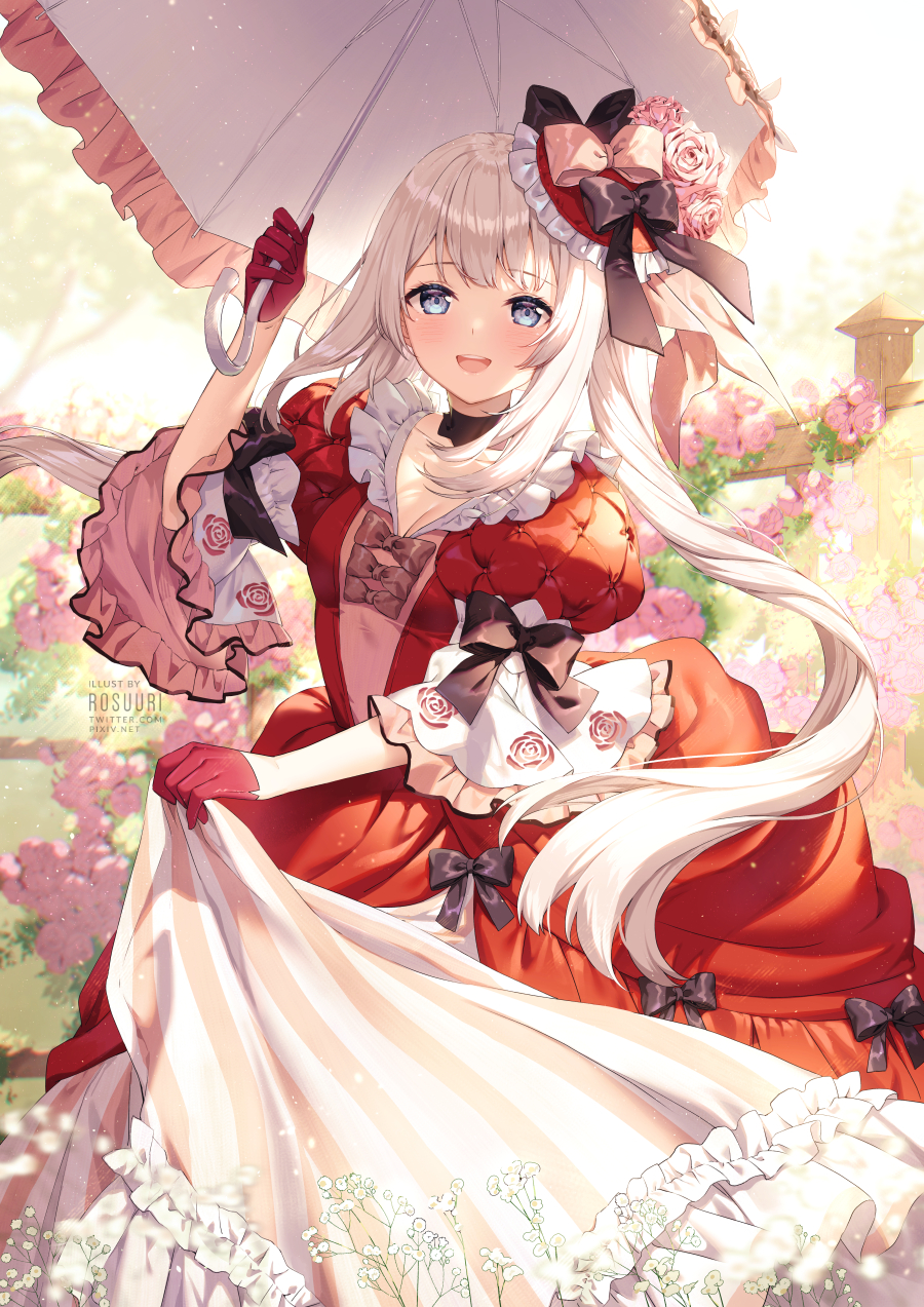1girl artist_name baby's-breath blue_eyes bow dress fate/grand_order fate_(series) floral_print flower gloves hat hat_bow hat_flower highres holding holding_umbrella long_hair looking_at_viewer marie_antoinette_(fate/grand_order) open_mouth overskirt parasol pink_flower pink_rose puffy_short_sleeves puffy_sleeves red_dress red_gloves rose rose_print rosuuri short_sleeves solo twintails umbrella very_long_hair wall white_hair