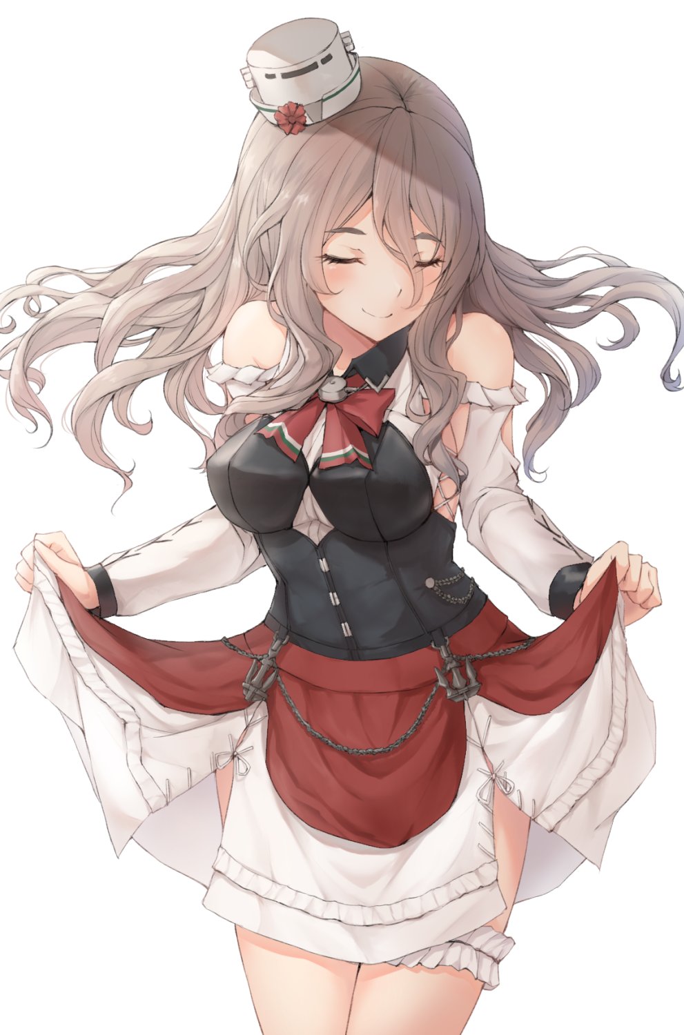 1girl bare_shoulders black_corset blush bow bowtie breasts brown_hair closed_eyes corset cowboy_shot hat highres k_jie kantai_collection large_breasts lifted_by_self long_hair long_sleeves mini_hat pola_(kantai_collection) red_bow red_neckwear red_skirt shirt simple_background skirt skirt_lift smile solo wavy_hair white_background white_headwear white_shirt