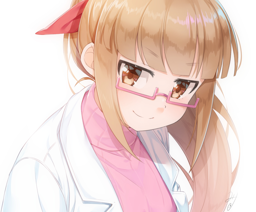 1girl bangs blunt_bangs brown_eyes closed_mouth commentary_request eyebrows_visible_through_hair hair_ribbon idolmaster idolmaster_cinderella_girls ikebukuro_akiha labcoat light_brown_hair long_hair miri_(ago550421) open_clothes pink-framed_eyewear pink_sweater ponytail red_ribbon ribbed_sweater ribbon semi-rimless_eyewear sidelocks simple_background smile solo sweater turtleneck turtleneck_sweater under-rim_eyewear upper_body white_background