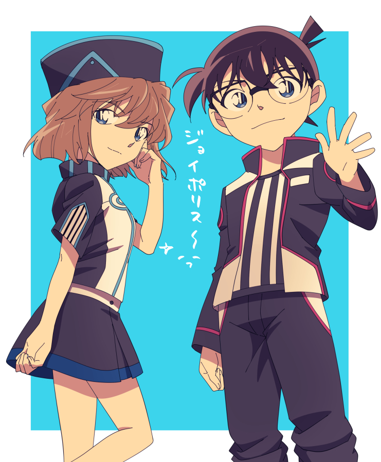 1boy 1girl black_headwear black_pants black_skirt blue_background blue_eyes brown_hair closed_mouth edogawa_conan glasses hage_ta haibara_ai hat jacket looking_at_viewer meitantei_conan miniskirt official_style open_clothes open_jacket over-rim_eyewear pants semi-rimless_eyewear shirt short_hair short_sleeves skirt smile standing striped striped_shirt two-tone_background white_background