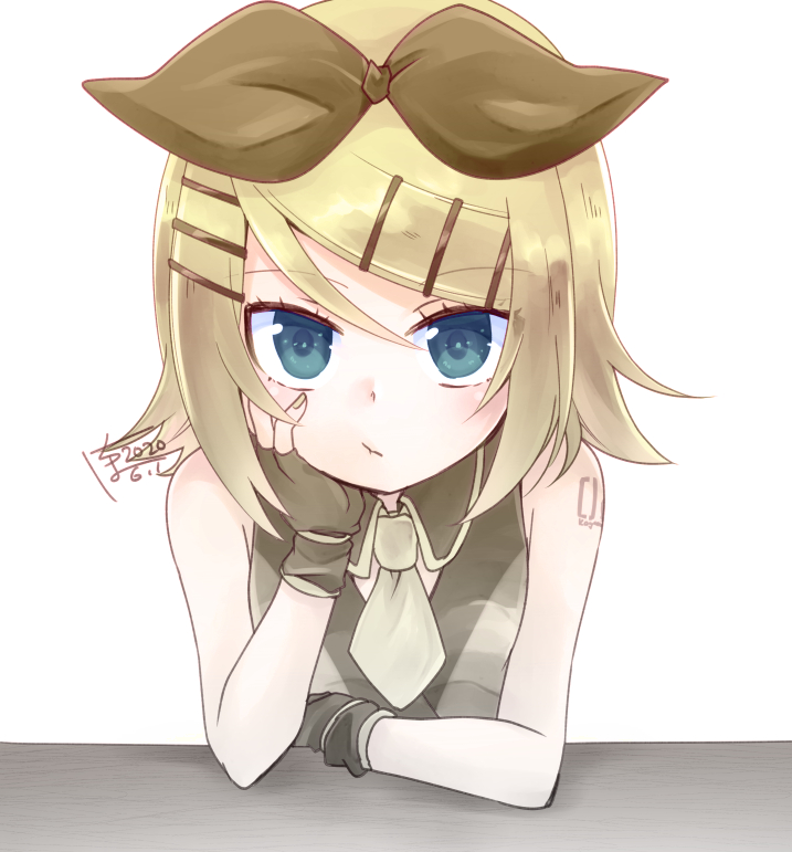 1girl arm_support black_bow black_gloves black_shirt black_star_(module) blonde_hair blue_eyes bow cheek_rest closed_mouth commentary expressionless fingerless_gloves gloves hair_bow hair_ornament hairclip hand_on_own_cheek ichiha_(18o_o81) kagamine_rin light_blush looking_at_viewer necktie project_diva_(series) shirt short_necktie signature sleeveless sleeveless_shirt solo table vocaloid white_background