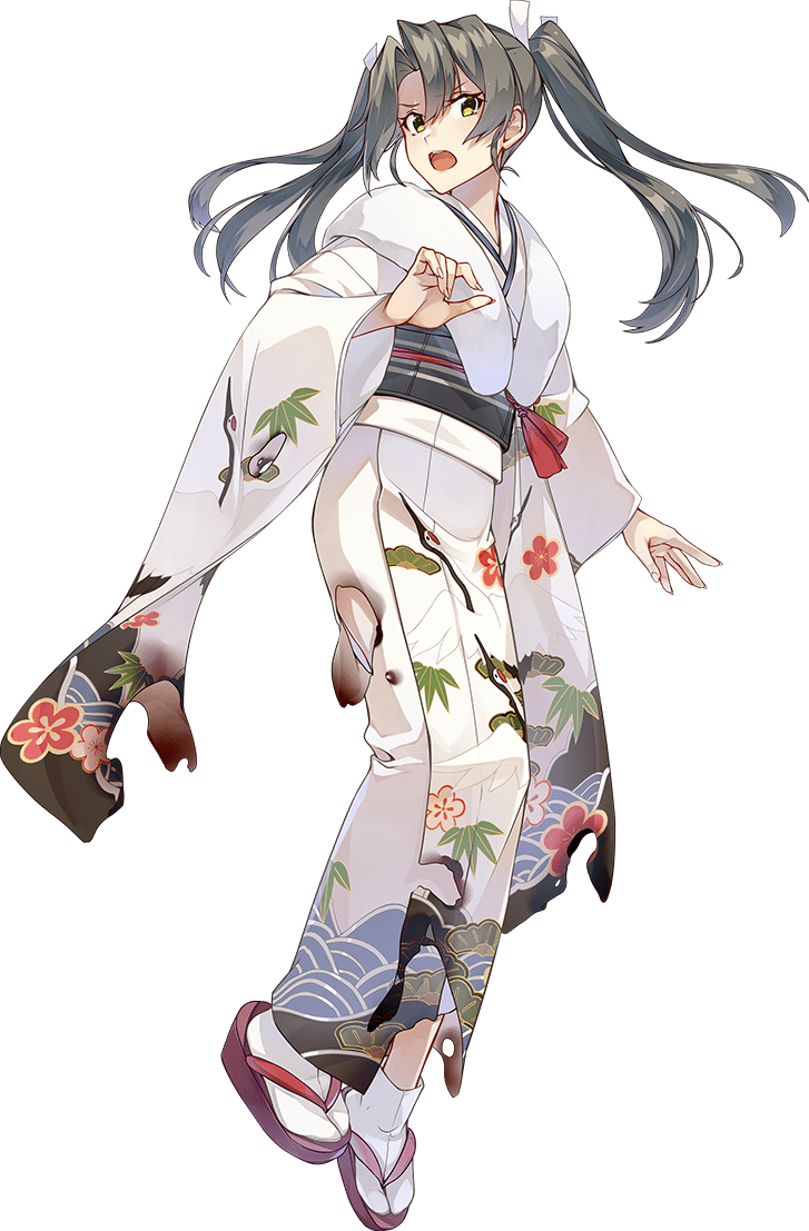 1girl arrow_(projectile) burnt_clothes floral_print full_body fur-trimmed_kimono fur_trim furisode green_eyes grey_hair hamaya japanese_clothes kantai_collection kimono konishi_(koconatu) long_hair looking_at_viewer obi official_art open_mouth round_teeth sash solo standing teeth third-party_source transparent_background twintails upper_teeth_only white_kimono zuikaku_(kancolle)