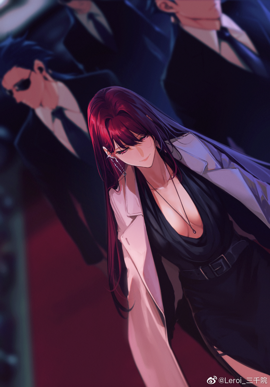 1girl 3boys between_breasts black_dress blue_hair blurry blurry_background breasts closed_mouth cu_chulainn_(fate)_(all) cu_chulainn_(fate/prototype) cu_chulainn_alter_(fate/grand_order) depth_of_field dress dutch_angle fate/grand_order fate_(series) formal glint highres jacket_on_shoulders jewelry large_breasts long_hair low_ponytail multiple_boys necklace necktie purple_hair red_carpet red_eyes reroi scathach_(fate)_(all) scathach_(fate/grand_order) side_slit single_earring single_sidelock smile suit sunglasses