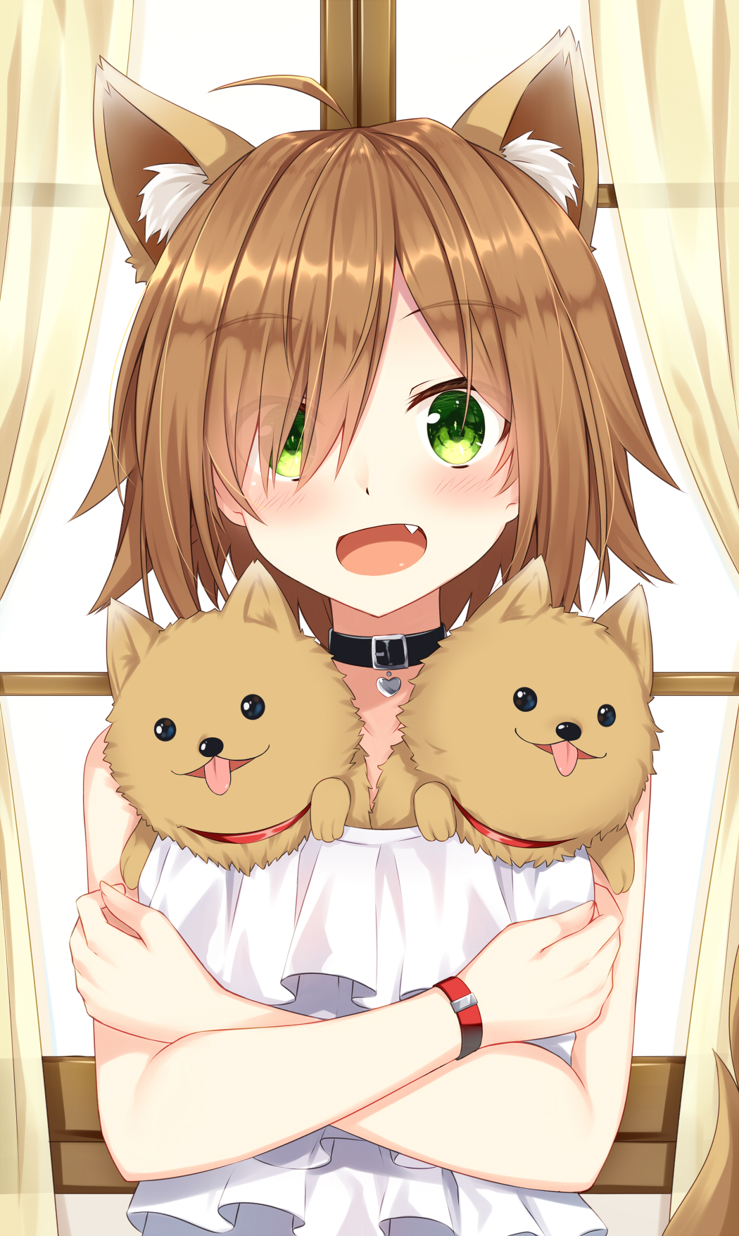 1girl :d ahoge animal animal_ear_fluff animal_ears animal_in_clothes bangs blush brown_hair cerberus collarbone commentary_request crossed_arms curtains day dog dress eyebrows_visible_through_hair eyes_visible_through_hair fang green_eyes hair_over_one_eye highres indoors kemonomimi_mode komori_kuzuyu looking_at_viewer open_mouth original smile solo sunlight tongue tongue_out transparent upper_body white_dress window