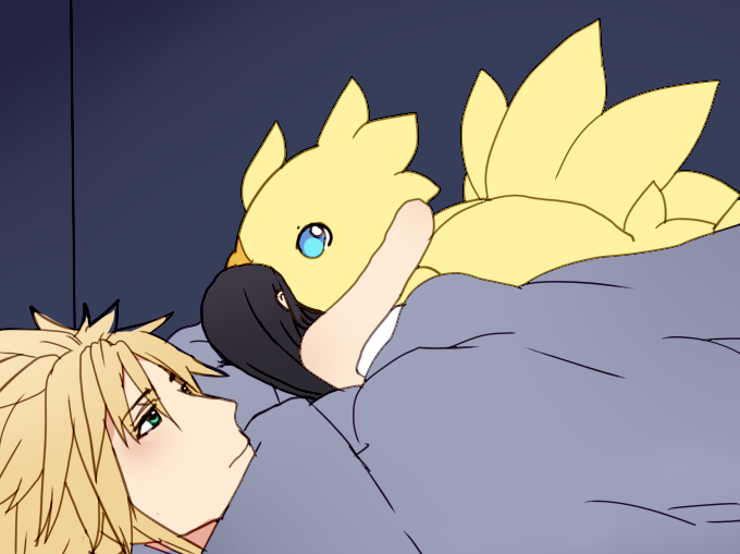 1boy 1girl 1other bed black_hair blonde_hair chocobo cloud_strife commentary english_commentary final_fantasy final_fantasy_vii long_hair meme plushcharm sleeping spiky_hair stuffed_animal stuffed_toy tifa_lockhart under_covers