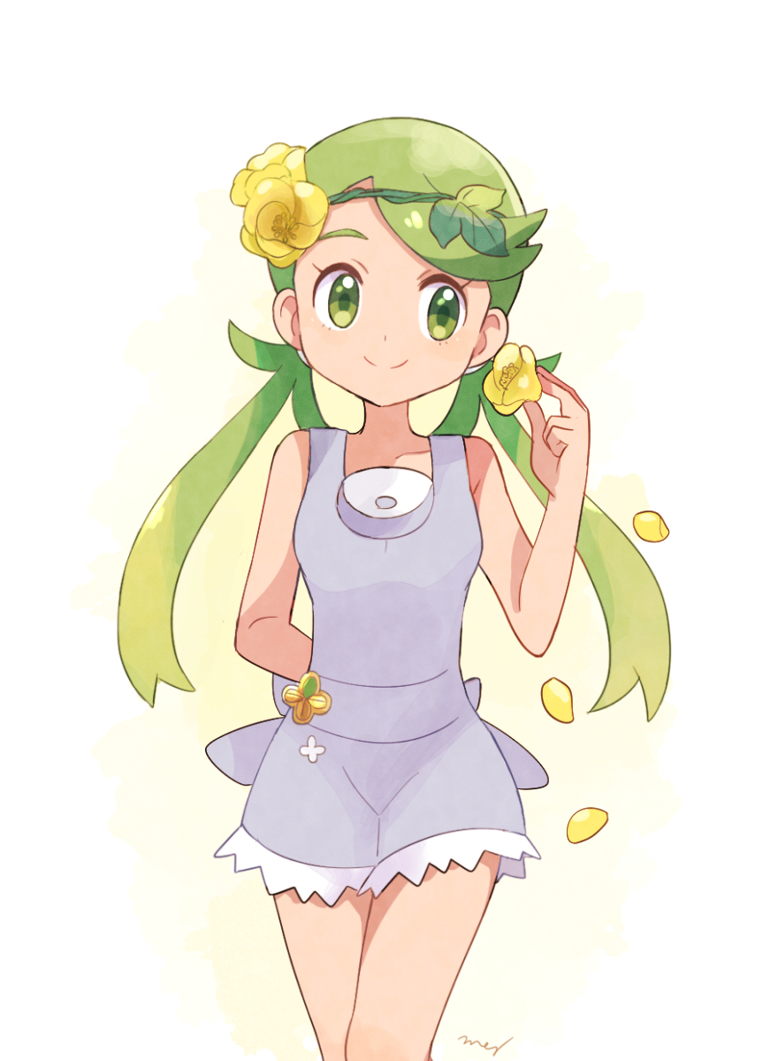 1girl arm_behind_back artist_name badge blown_petals breasts closed_mouth flower green_eyes green_hair hair_ornament holding holding_flower leaf_hair_ornament long_hair mallow_(pokemon) mei_(maysroom) petals pokemon pokemon_(game) pokemon_sm simple_background small_breasts smile solo tagme trial_captain twintails white_background yellow_flower