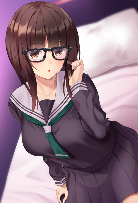 1girl bed black-framed_eyewear black_shirt black_skirt breasts brown_eyes brown_hair glasses green_neckwear huyumitsu indoors large_breasts long_sleeves looking_at_viewer medium_hair original pillow playing_with_hair school_uniform serafuku shirt sitting skirt solo