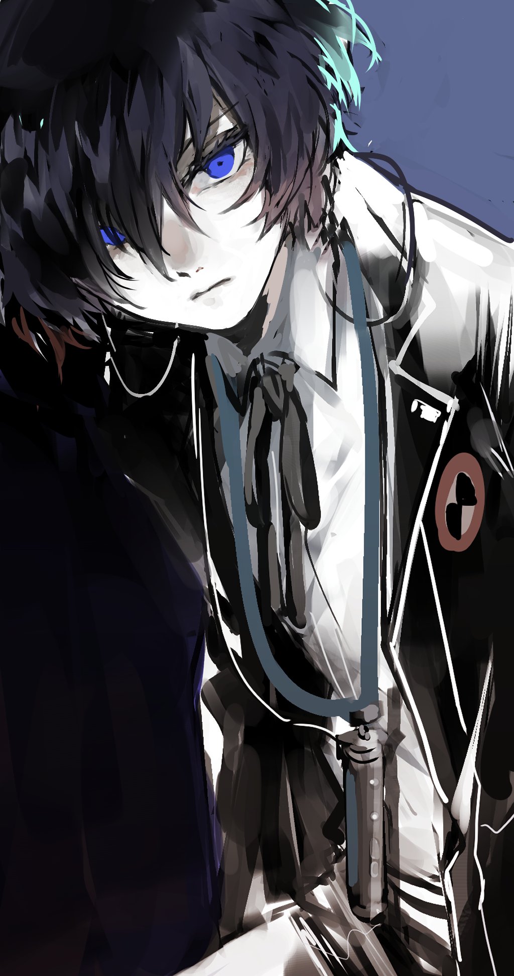 1boy black_ribbon blue_eyes blue_hair collared_shirt digital_media_player gekkoukan_high_school_uniform highres jacket lor_(roasyerizyonirapi) male_focus neck_ribbon one_eye_covered open_clothes open_jacket persona persona_3 portrait ribbon school_uniform shirt solo two-tone_background yuuki_makoto