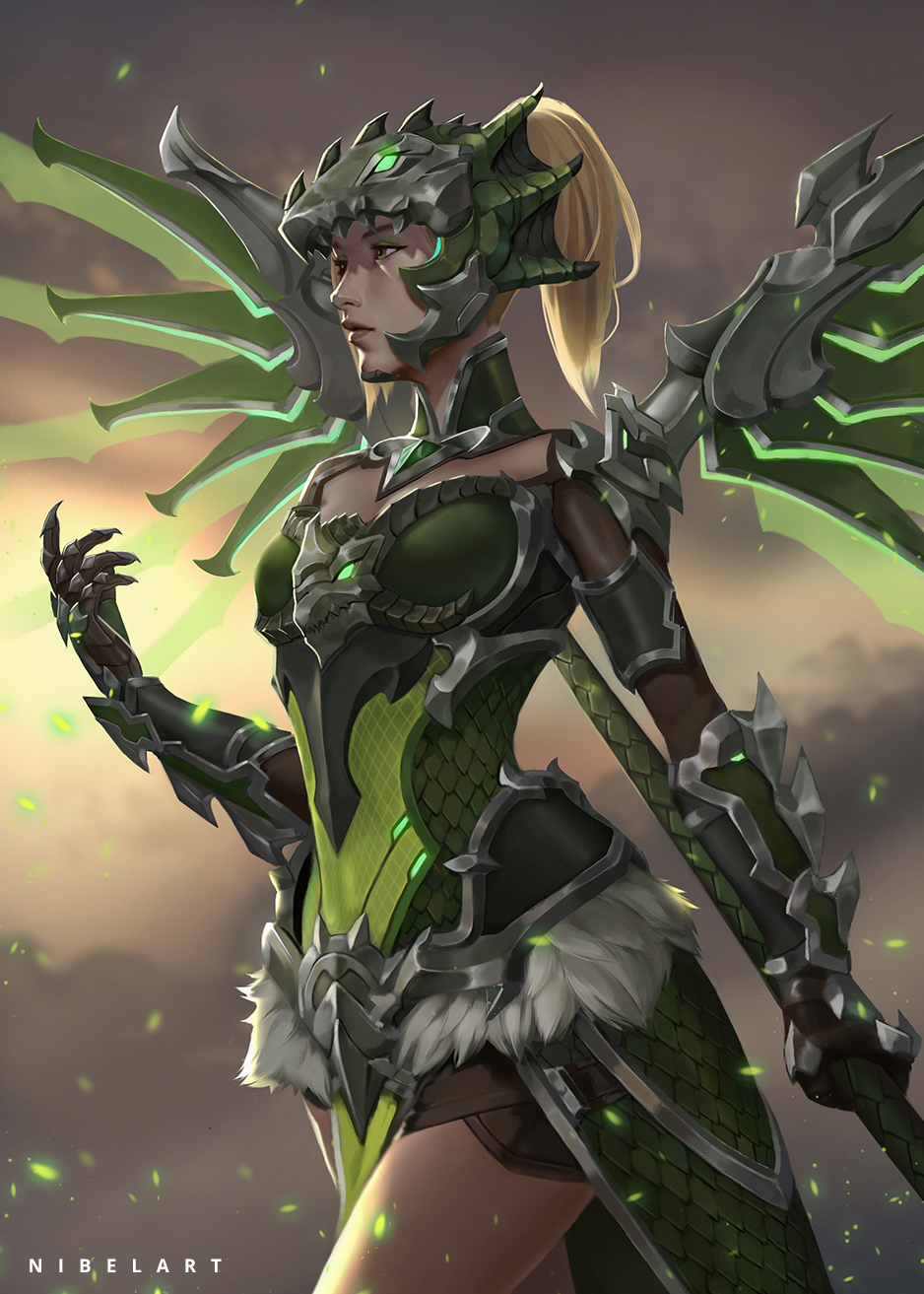 1girl alternate_costume artist_name blonde_hair breasts clouds cloudy_sky commentary cowboy_shot dragoon dragoon_mercy embers english_commentary gauntlets glowing green_armor green_eyes green_eyeshadow helm helmet high_ponytail highres holding holding_staff light_particles looking_away medium_hair mercy_(overwatch) nibelart nose overwatch realistic scale_armor shoulder_armor signature sky small_breasts smoke solo spaulders staff