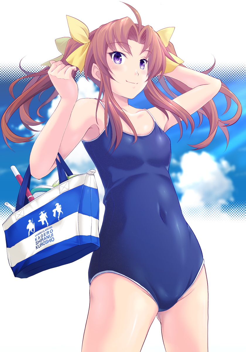 1girl ahoge blue_swimsuit breasts brown_hair competition_school_swimsuit covered_navel hair_ribbon highres kagerou_(kantai_collection) kantai_collection map_(blue_catty) one-piece_swimsuit ribbon small_breasts smile solo swimsuit twintails violet_eyes yellow_ribbon