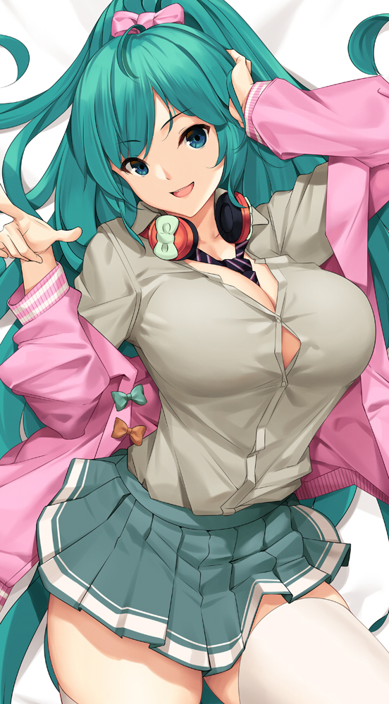 1girl :d alternate_hairstyle aqua_eyes aqua_hair between_breasts breasts commentary cowboy_shot dakimakura english_commentary eyebrows_visible_through_hair grey_shirt hatsune_miku headphones headphones_around_neck jacket large_breasts long_hair looking_at_viewer lying necktie necktie_between_breasts no_bra on_back open_mouth pink_jacket pleated_skirt ponytail shirt skirt smile solo thigh-highs tony_guisado very_long_hair vocaloid white_legwear