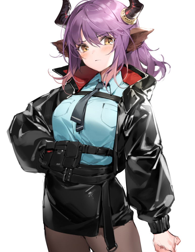 1girl animal_ears arknights bangs black_jacket black_neckwear black_skirt blue_shirt blush breasts brown_eyes brown_legwear cowboy_shot eyebrows_visible_through_hair hair_between_eyes hand_on_hip horns jacket liyu_li long_hair long_sleeves medium_breasts miniskirt necktie open_clothes open_jacket pantyhose pencil_skirt purple_hair shirt sidelocks sideroca_(arknights) simple_background skirt solo standing