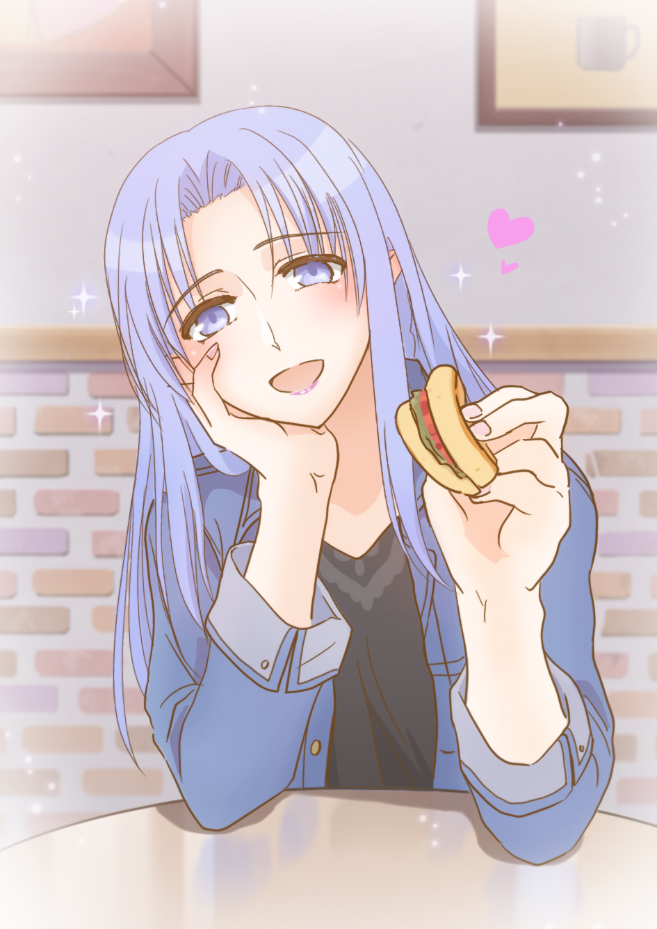 1girl black_shirt blue_eyes blue_hair blue_jacket carnival_phantasm caster commentary_request cute elf emiya-san_chi_no_kyou_no_gohan fate/hollow_ataraxia fate/stay_night fate_(series) female_focus food hakiba_junkoi heart highres holding holding_food jacket long_hair medea_(fate)_(all) open_clothes open_jacket pointy_ears pov_dating sandwich shirt solo sparkle table type-moon ufotable upper_body