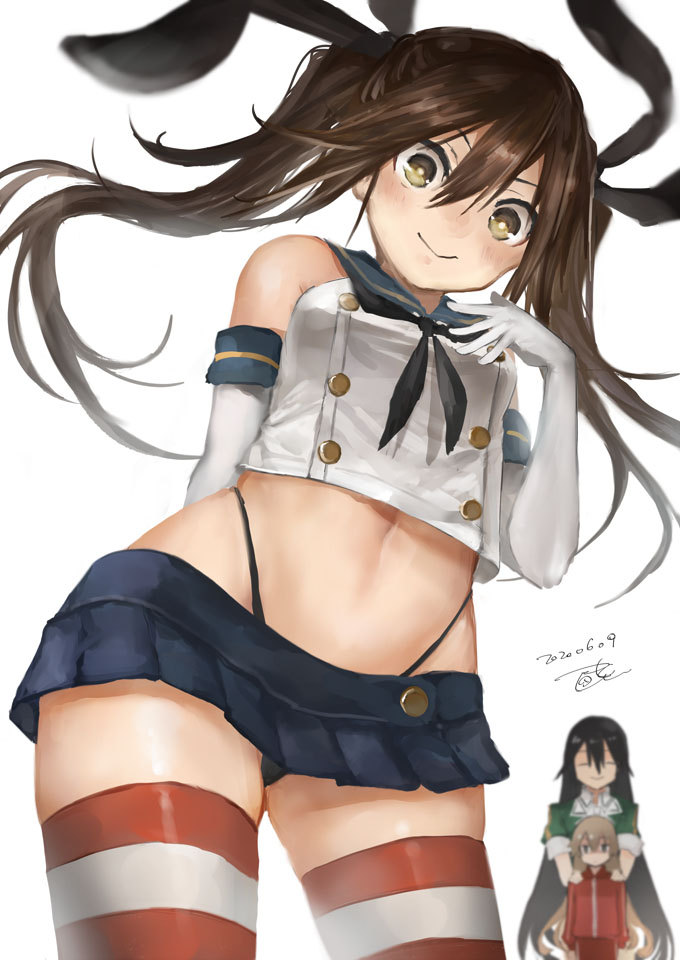 3girls arm_behind_back bangs bare_shoulders black_hair black_neckwear black_panties blonde_hair blue_sailor_collar blue_skirt blurry blurry_background blush breasts brown_hair buttons chikuma_(kantai_collection) commentary_request cosplay cowboy_shot crop_top dated elbow_gloves eyebrows_behind_hair gloves green_shirt grey_eyes groin hair_between_eyes hair_ribbon hand_on_own_chest hands_on_another's_shoulders highleg highleg_panties jacket kantai_collection long_hair long_sleeves looking_at_viewer medium_breasts microskirt midriff multiple_girls navel neckerchief panties puffy_short_sleeves puffy_sleeves red_jacket red_legwear remodel_(kantai_collection) ribbon sailor_collar school_uniform serafuku shaded_face shimakaze_(kantai_collection) shimakaze_(kantai_collection)_(cosplay) shirt short_sleeves sidelocks signature simple_background skindentation skirt sleeveless sleeveless_shirt smile solo_focus standing striped striped_legwear thigh-highs toka_(marchlizard) tone_(kantai_collection) track_jacket twintails underwear white_background white_gloves white_legwear white_shirt zettai_ryouiki