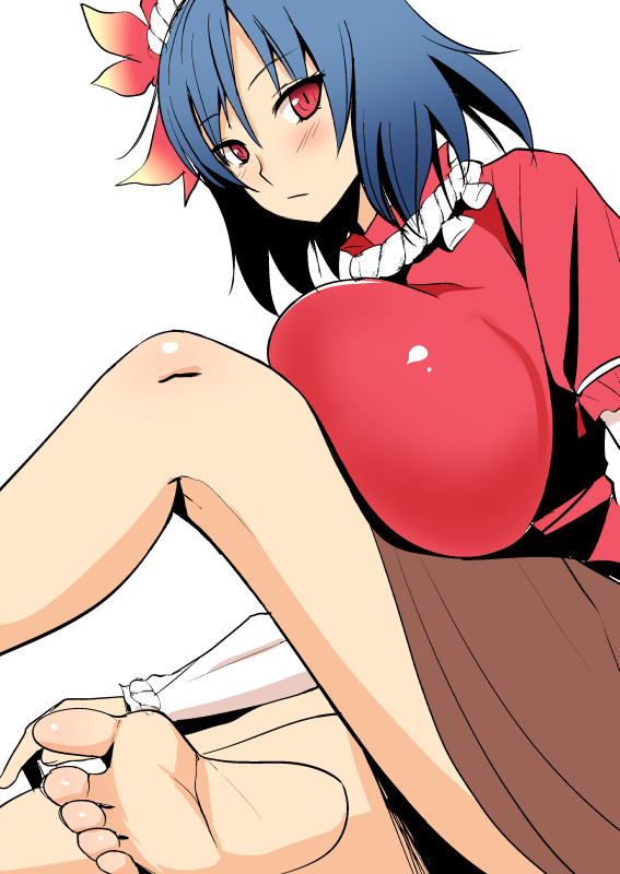 1girl barefoot blue_hair blush breast_press breast_rest breasts brown_skirt closed_mouth commentary_request diisuke feet from_side hair_ornament huge_breasts leaf_hair_ornament legs long_sleeves looking_at_viewer looking_to_the_side puffy_short_sleeves puffy_sleeves red_eyes red_shirt rope shirt short_hair short_over_long_sleeves short_sleeves sitting skirt soles solo thighs toes touhou yasaka_kanako