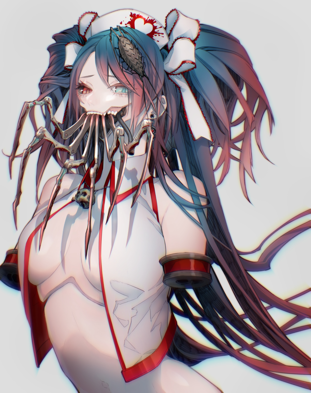 1girl amputee android animal_on_head aqua_eyes bangs bare_shoulders blood blood_splatter blue_hair breasts calne_ca collared_shirt commentary_request crop_top double_amputee eyelashes gradient_hair grey_background hair_ribbon hat heart heart_print heterochromia highres isopod looking_at_viewer mechanical medium_breasts multicolored_hair nato-kun nurse_cap on_head open_clothes open_shirt original red_eyes redhead ribbon shirt simple_background skull sleeveless solo swept_bangs tobacco_(tabakokobata) two-tone_hair two_side_up upper_body white_ribbon white_shirt