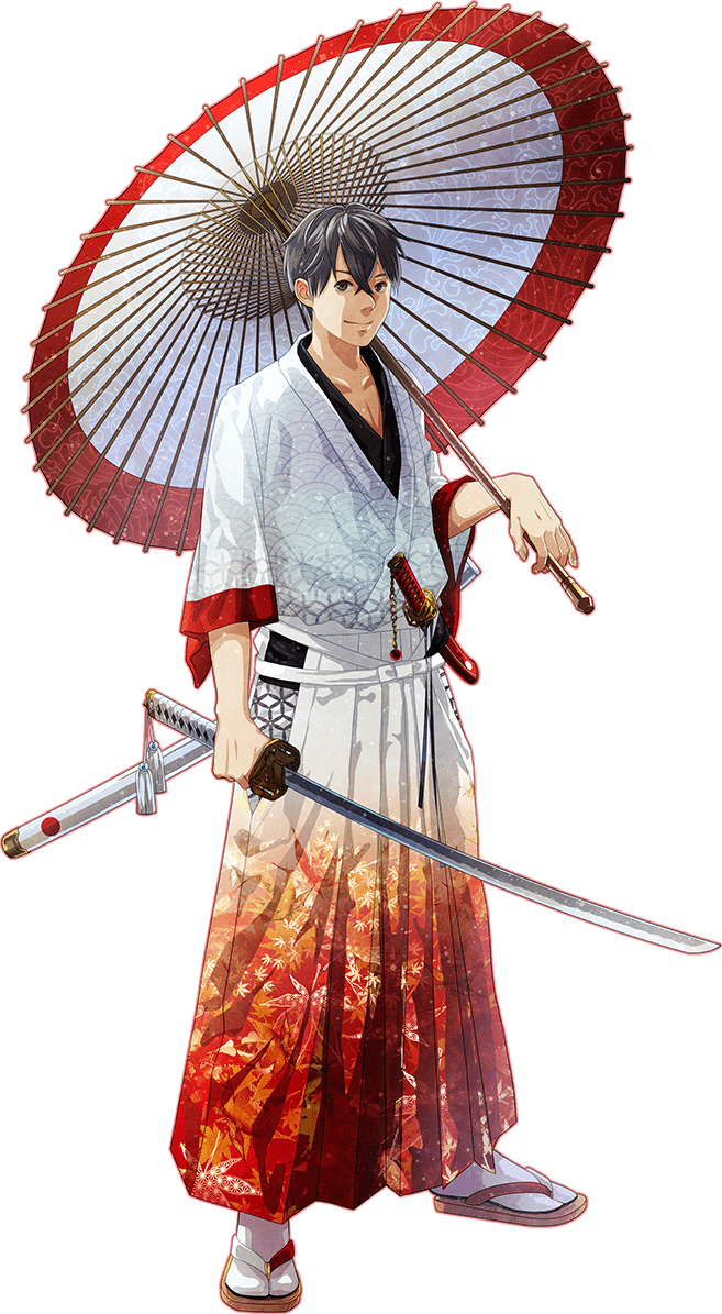 1boy 2020_summer_olympics artist_request asa_no_ha_(pattern) bangs beads black_eyes black_hair carrying_over_shoulder chain closed_mouth commentary egasumi full_body gradient hair_between_eyes hakama holding holding_sword holding_umbrella holding_weapon japanese_clothes katana kimono leaf_print looking_at_viewer male_focus olympics oriental_umbrella original personification sash short_sword sleeves_past_elbows smile standing sword tabi tassel transparent_background umbrella unsheathed weapon zouri
