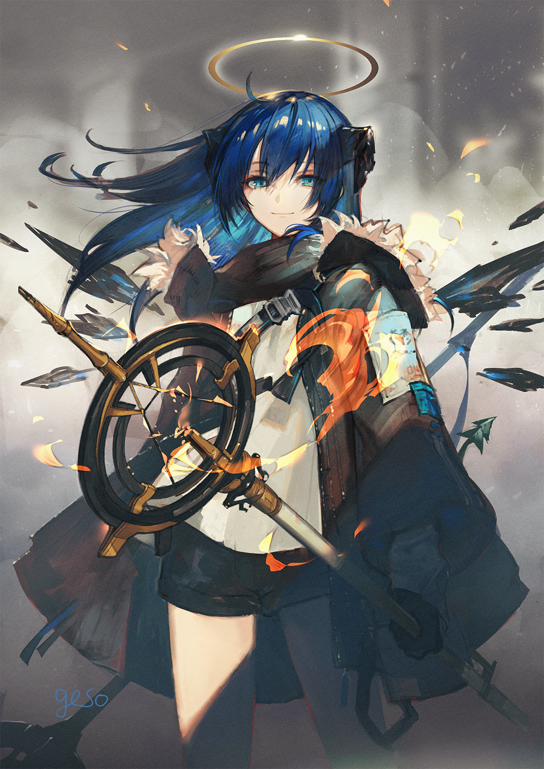 1girl arknights artist_name bangs belt_buckle black_gloves black_jacket black_shorts blue_eyes blue_hair buckle closed_mouth cowboy_shot dust_cloud eyebrows_visible_through_hair fire floating_hair fur fur-trimmed_jacket fur_trim gloves grey_background hair_between_eyes halo highres holding holding_staff horns jacket long_hair long_sleeves looking_at_viewer mostima_(arknights) open_clothes open_jacket shade shirt short_shorts shorts smile solo staff standing strap umiu_geso white_shirt wind