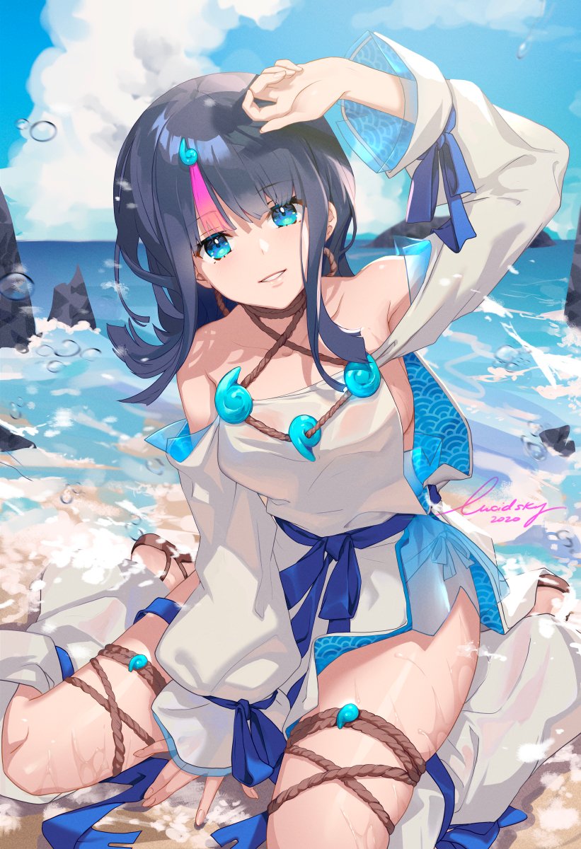1girl arm_up bangs bare_shoulders beach blue_ribbon blue_sky blush breasts collarbone detached_leggings dress fate/grand_order fate/requiem fate_(series) highres large_breasts long_sleeves looking_at_viewer lucidsky magatama magatama_hair_ornament medium_hair multicolored_hair ocean parted_lips pelvic_curtain puffy_long_sleeves puffy_sleeves ribbon sandals short_dress sideboob sideless_outfit sitting sky smile streaked_hair thighs utsumi_erise wariza white_dress
