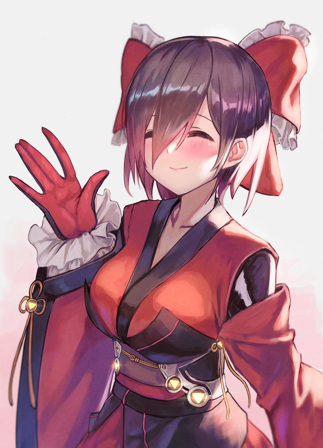 1girl alternate_costume bangs blush bow breasts brown_hair closed_eyes closed_mouth collarbone frilled_gloves frills gloves gomashiwo_o gradient gradient_background hair_between_eyes hair_bow hair_over_one_eye highres hololive japanese_clothes kimono large_breasts long_sleeves obi obijime red_bow red_gloves red_kimono roboco-san sash short_hair smile solo standing swept_bangs upper_body wide_sleeves