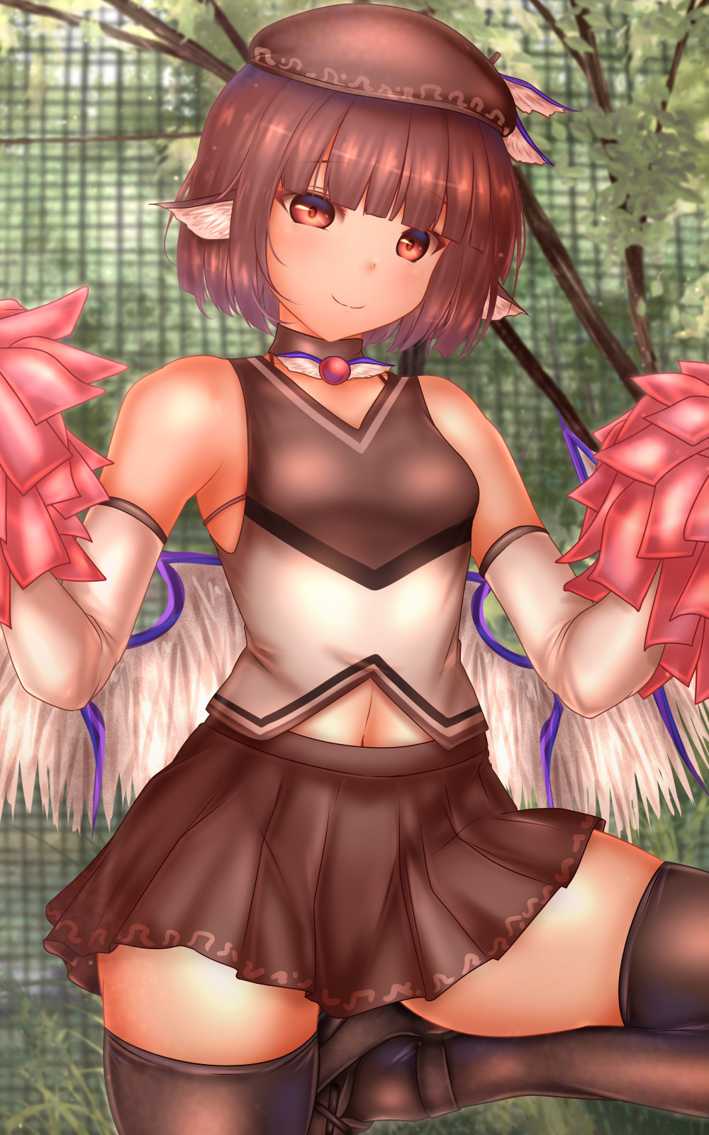 1girl animal_ears arm_warmers ass_visible_through_thighs bangs black_legwear blunt_bangs breasts brown_hair brown_headwear brown_skirt cheerleader day hat highres mystia_lorelei navel outdoors pom_poms red_eyes short_hair shounen_(hogehoge) skirt sleeveless small_breasts smile solo standing standing_on_one_leg thigh-highs touhou wings