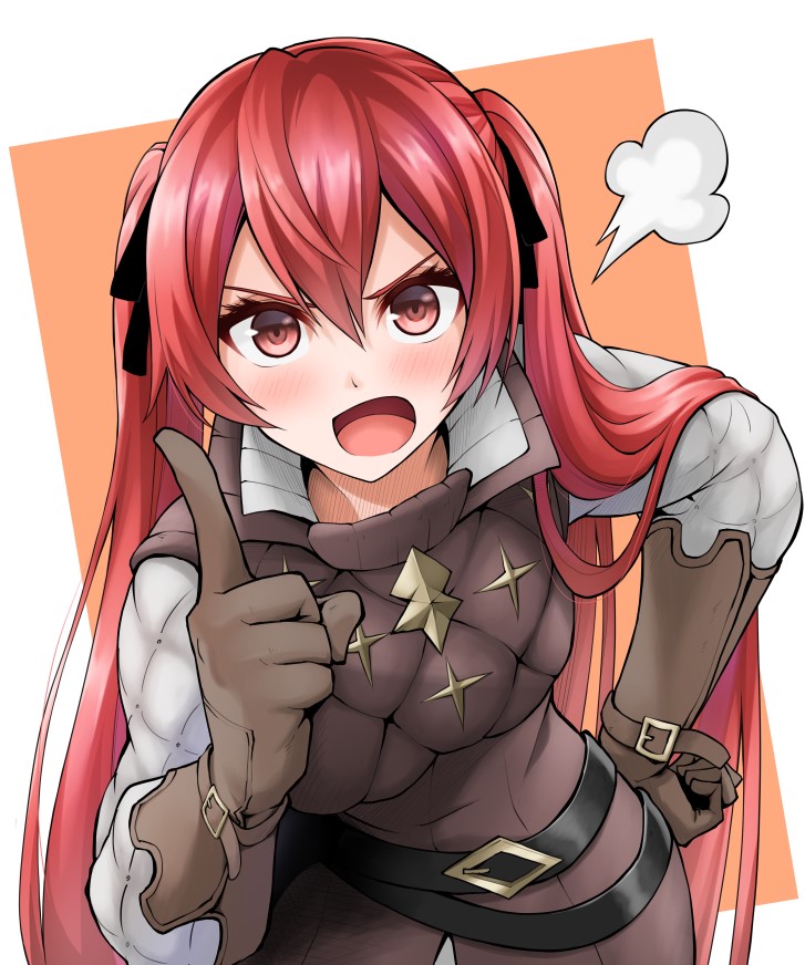1girl brown_gloves fire_emblem fire_emblem_fates gloves long_hair open_mouth red_eyes redhead selena_(fire_emblem) selena_(fire_emblem_fates) severa_(fire_emblem) simple_background solo tenchan_man twintails