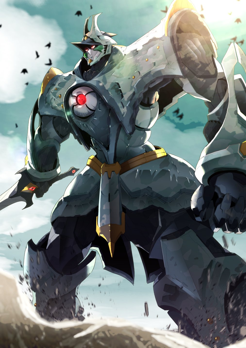 bird clenched_hand clouds glowing glowing_eyes ground_shatter highres holding holding_sword holding_weapon mecha no_humans red_eyes sakusakusakurai solo standing susanoo_(yamato_takeru) sword weapon yamato_takeru