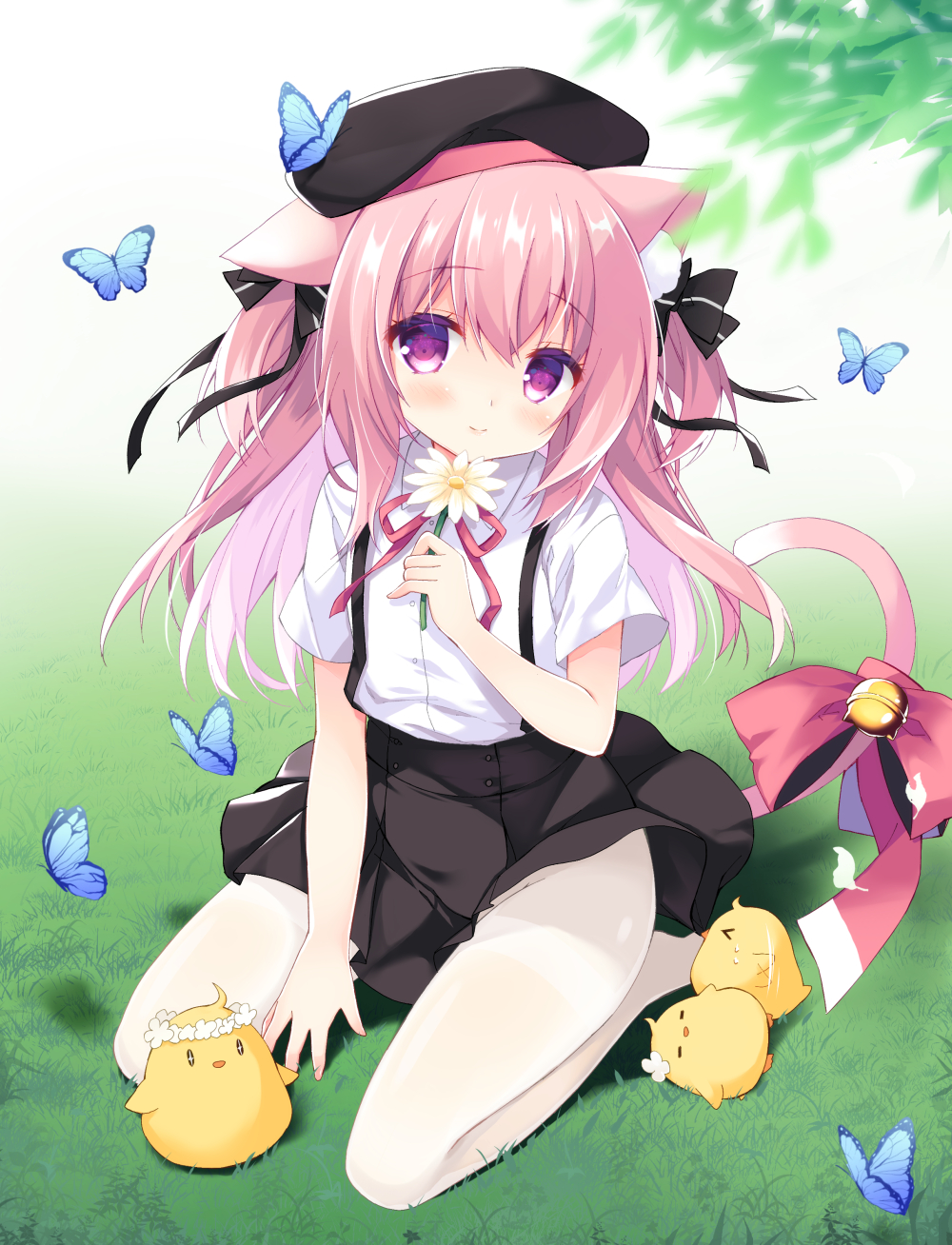 1girl animal_ear_fluff animal_ears azur_lane bell bird black_headwear black_skirt bug butterfly cat_ears chick commentary_request flower hat highres insect jingle_bell kisaragi_(azur_lane) long_hair looking_at_viewer manjuu_(azur_lane) no_shoes outdoors pantyhose pink_eyes pink_hair purinko ribbon shirt short_sleeves sitting skirt smile suspender_skirt suspenders tail tail_ornament tail_ribbon thighs two_side_up white_legwear white_shirt wind wind_lift