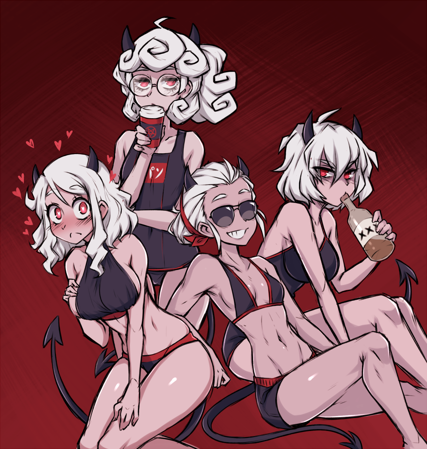 4girls alcohol bikini black_horns black_swimsuit bottle breasts coffee_cup cup curly_hair demon_girl demon_horns demon_tail disposable_cup dojipan glasses heart heart-shaped_pupils helltaker horns justice_(helltaker) large_breasts liquor looking_at_viewer male_swimwear malina_(helltaker) medium_breasts modeus_(helltaker) multiple_girls navel one-piece_swimsuit pandemonica_(helltaker) red_eyes school_swimsuit short_hair small_breasts smile sunglasses swim_trunks swimsuit swimwear symbol-shaped_pupils tail white_hair