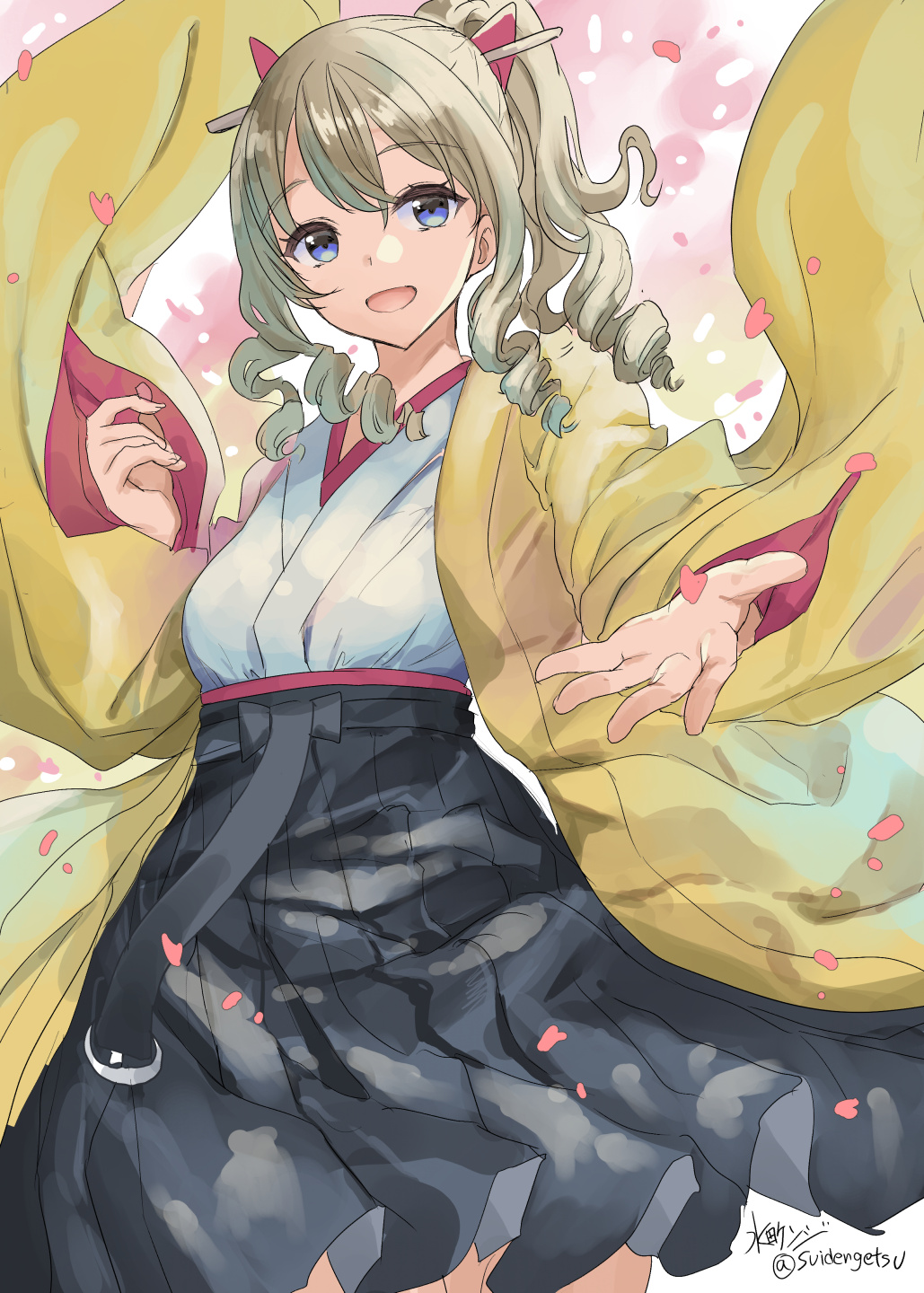 1girl :d artist_name black_hakama blonde_hair blue_eyes blush drill_hair eyebrows_visible_through_hair furisode hair_ornament hair_ribbon hakama hatakaze_(kantai_collection) highres japanese_clothes kantai_collection kimono long_sleeves meiji_schoolgirl_uniform mizuta_kenji open_mouth petals ponytail red_ribbon ribbon short_hair signature simple_background smile solo twitter_username white_background white_kimono wide_sleeves yellow_kimono