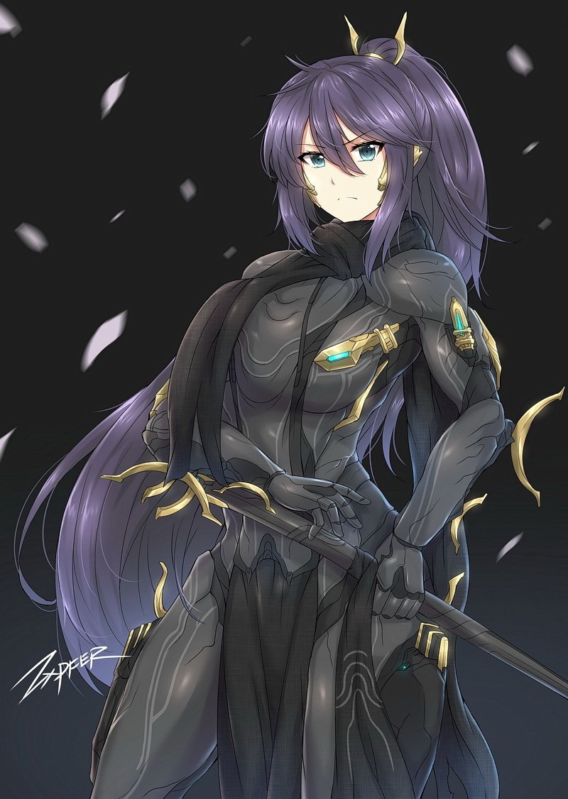 1girl blue_eyes english_commentary excalibur_umbra_(warframe) eyebrows_visible_through_hair frown gold_trim hair_between_eyes hand_on_sheath katana long_hair looking_at_viewer ponytail power_suit purple_hair scarf signature solo sword very_long_hair warframe weapon zxpfer