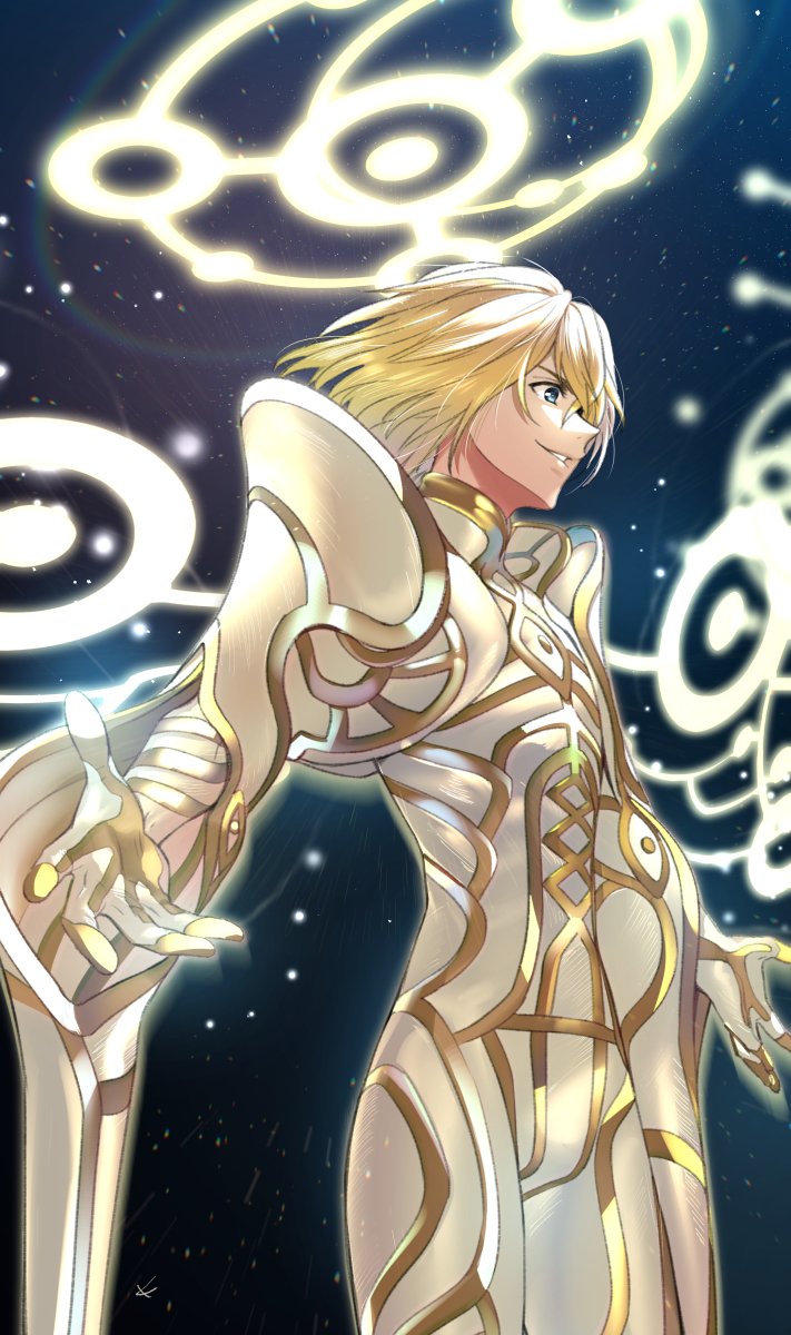 1boy armor blonde_hair blue_eyes cowboy_shot energy_wings gloves gold_armor gold_trim halo highres male_focus misu_kasumi sky solo star_(sky) starry_sky white_armor wings xanthe xenoblade_(series) xenoblade_1